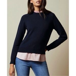 Ted Baker Lissiah Wool Layered Sweater Mock Neck Navy Blue Pink Small Preppy